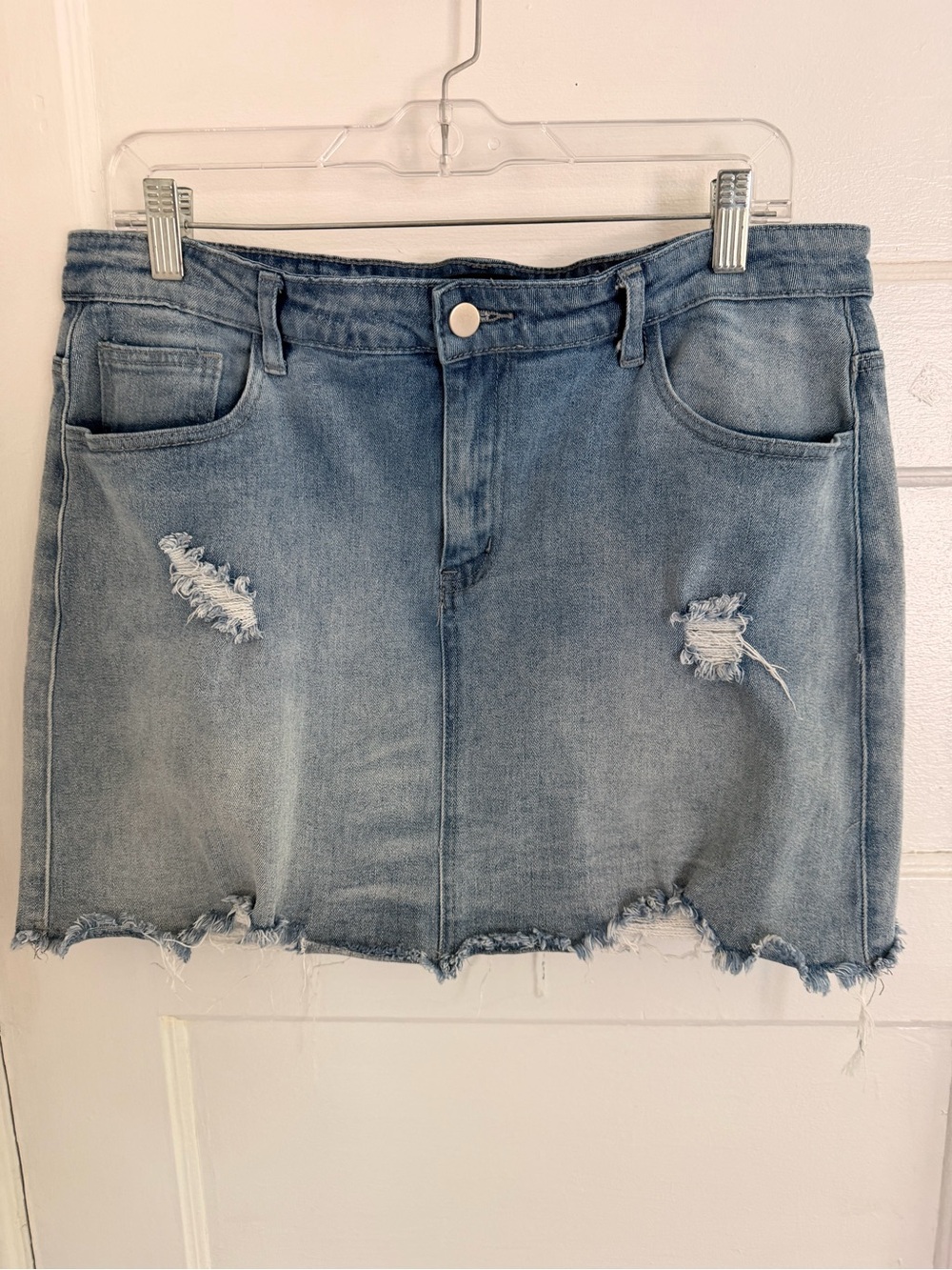Light Blue Distressed Denim Skirt - Casual Women's Skirt
